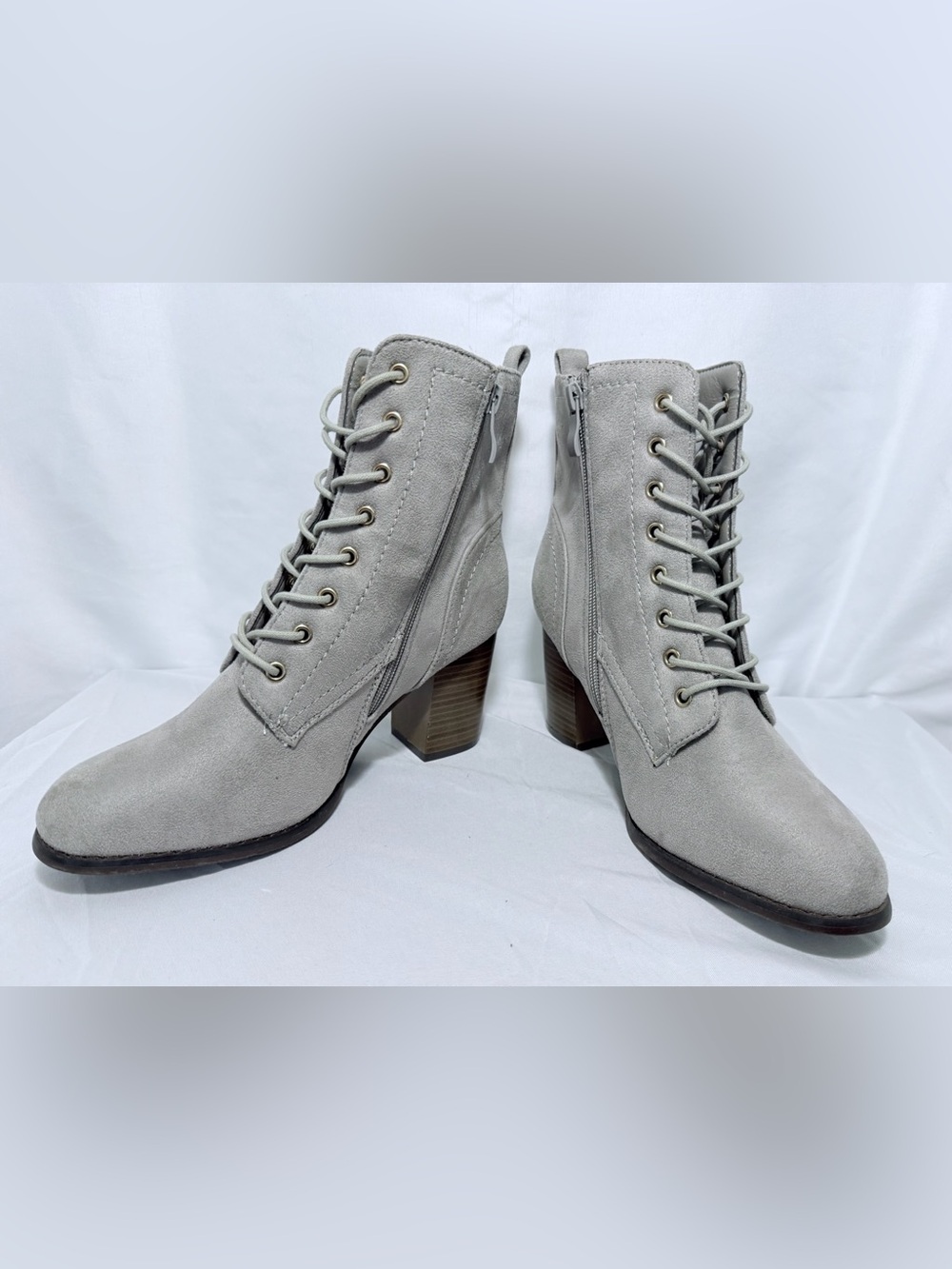 Journee Collection Light Gray Lace-Up Suede Ankle Boots